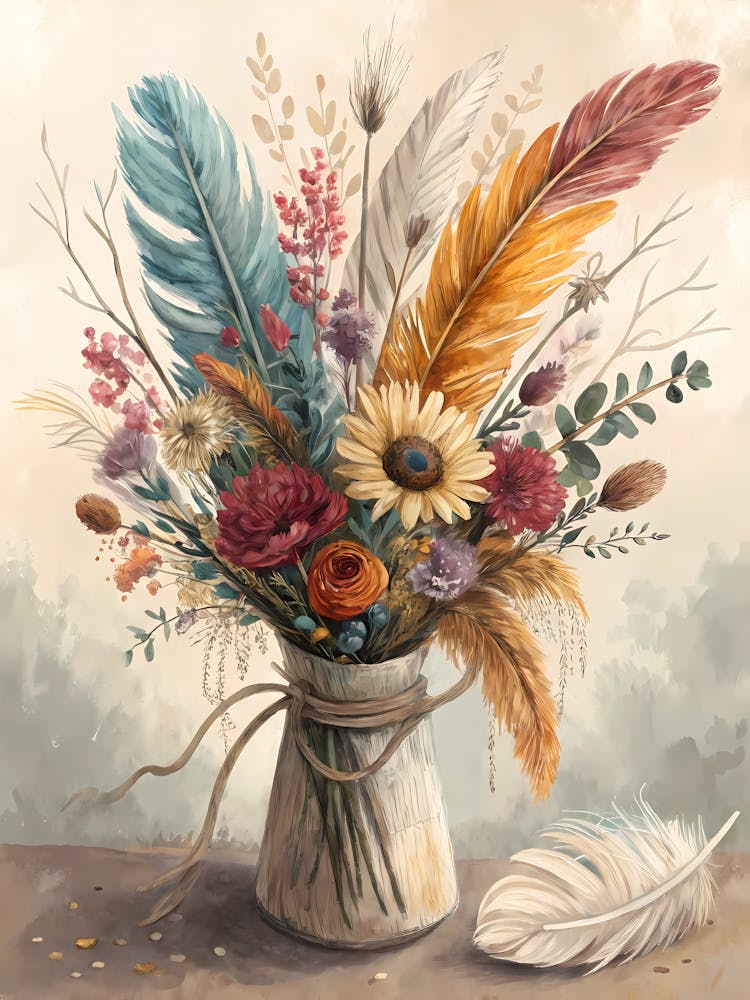 Oil Painting Style Boho Bouquet With Feathers