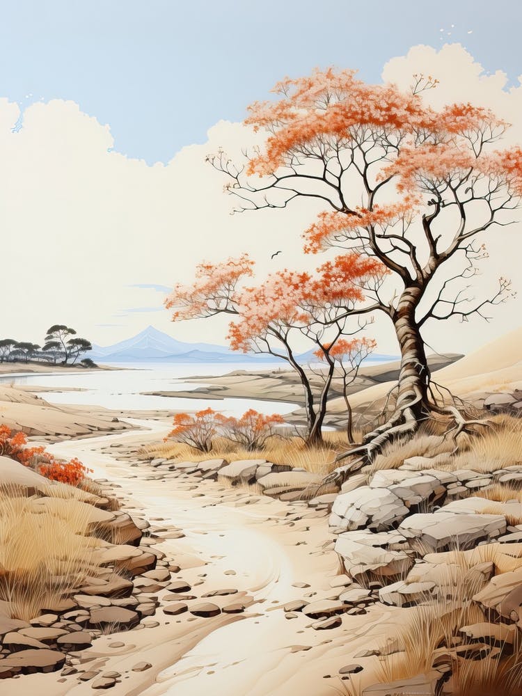 Tottori Sand Dunes In Tottori,  Japanese Brush Painting, Sumi E, Minimal  1 