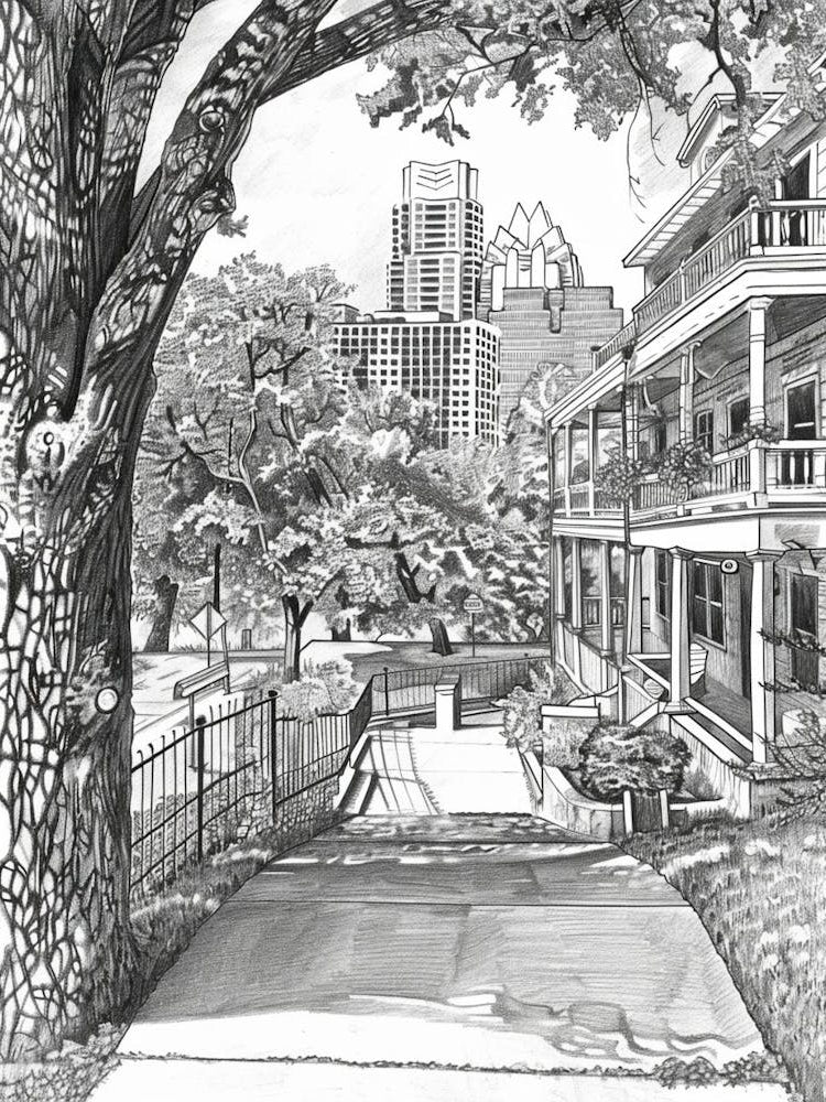 Rainey Street Historic District Austin Texas Black And White Drawing 3
