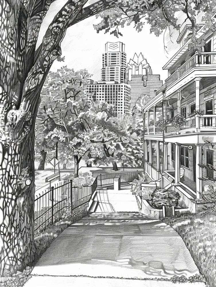 Rainey Street Historic District Austin Texas Black And White Drawing 3