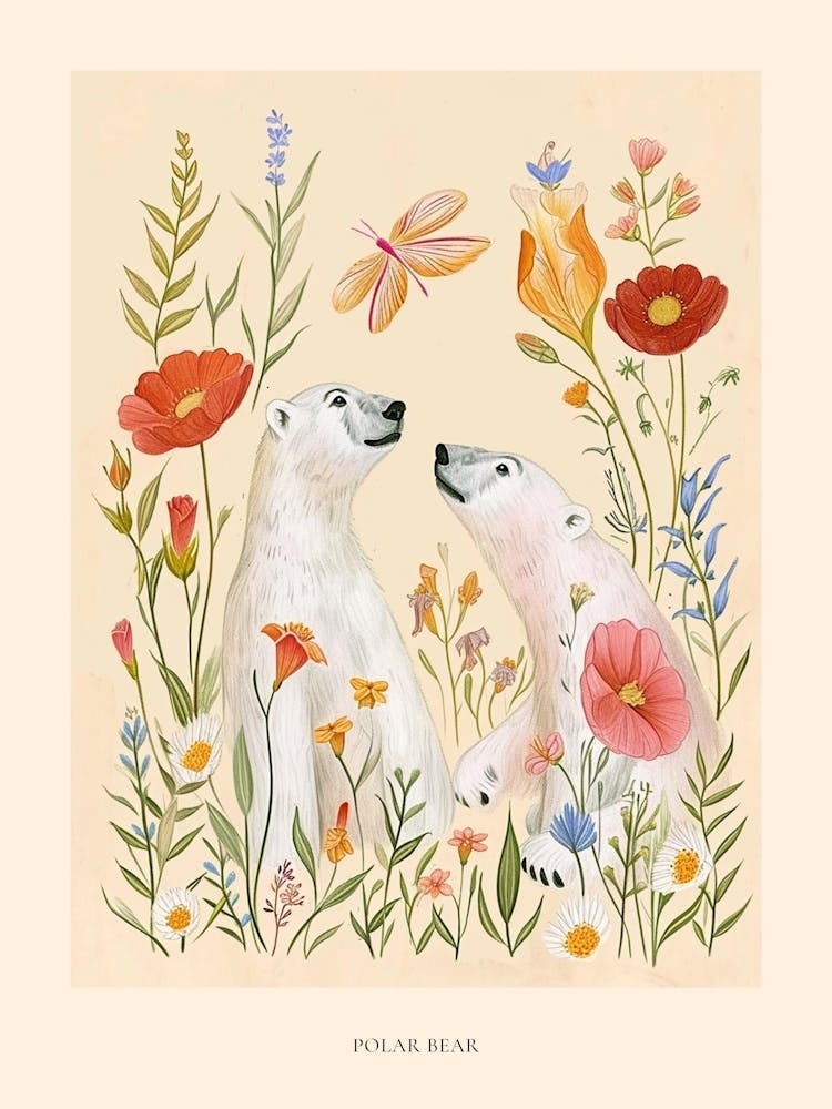 Folksy Floral Animal Drawing Polar Bear Poster