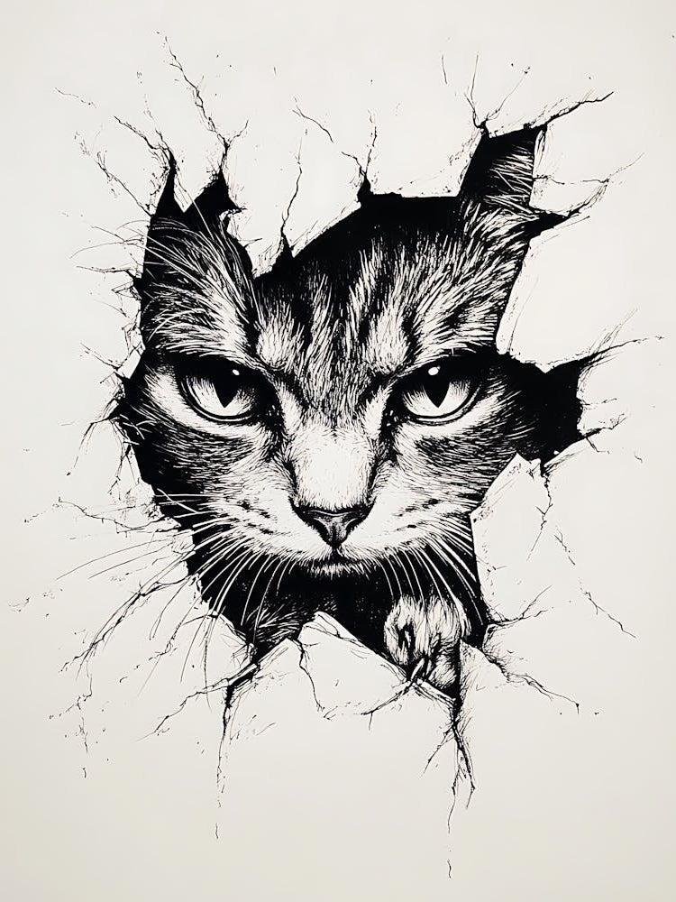 Angry Cat Watching from Wall Hole