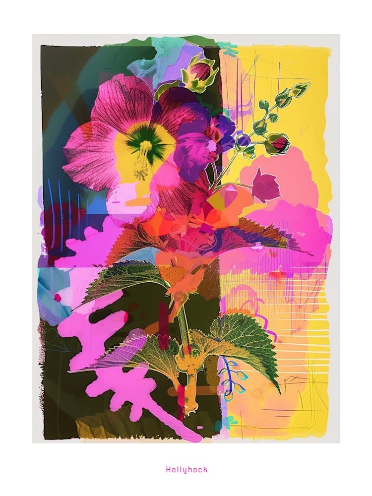 Hollyhock 3 Neon Flower Collage Poster