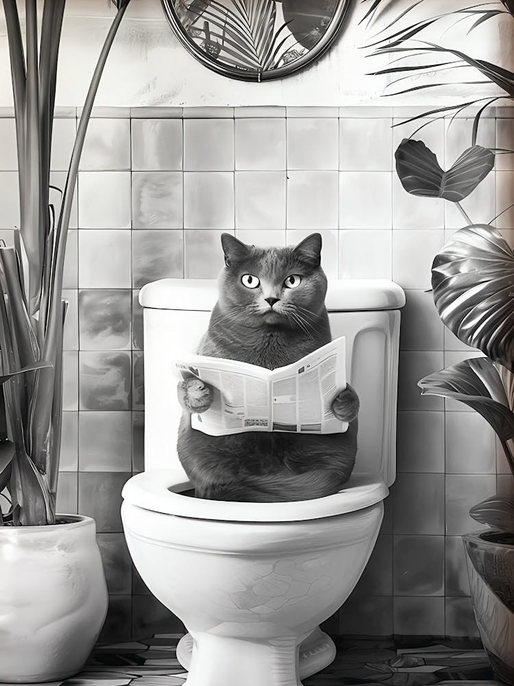 Black And White Bathroom Cat Print, Funny Posters, Bathroom Wall Decor, Toilet Wall Art, Funny Cat Poster, Black Cat Poster, Toilet Poster(1)