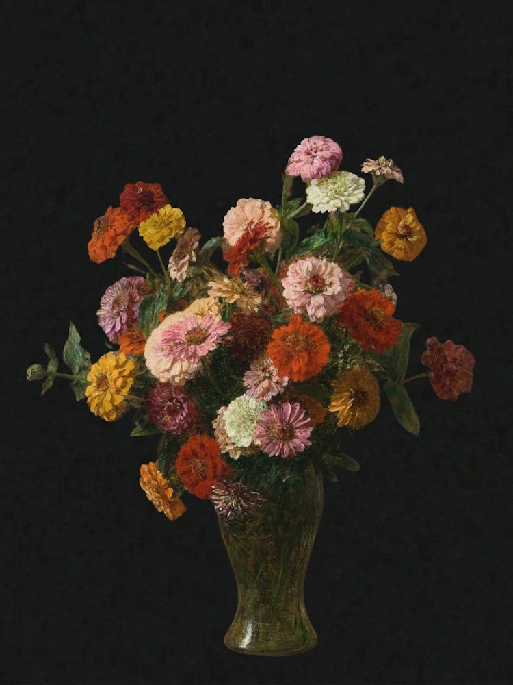 Zinnias, Flowers In A Vase, Dark Moody Floral Still Life Vintage Art