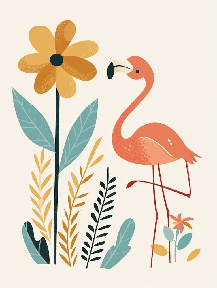 Lesser Flamingo And Tiare Flower Minimalist Illustration 2