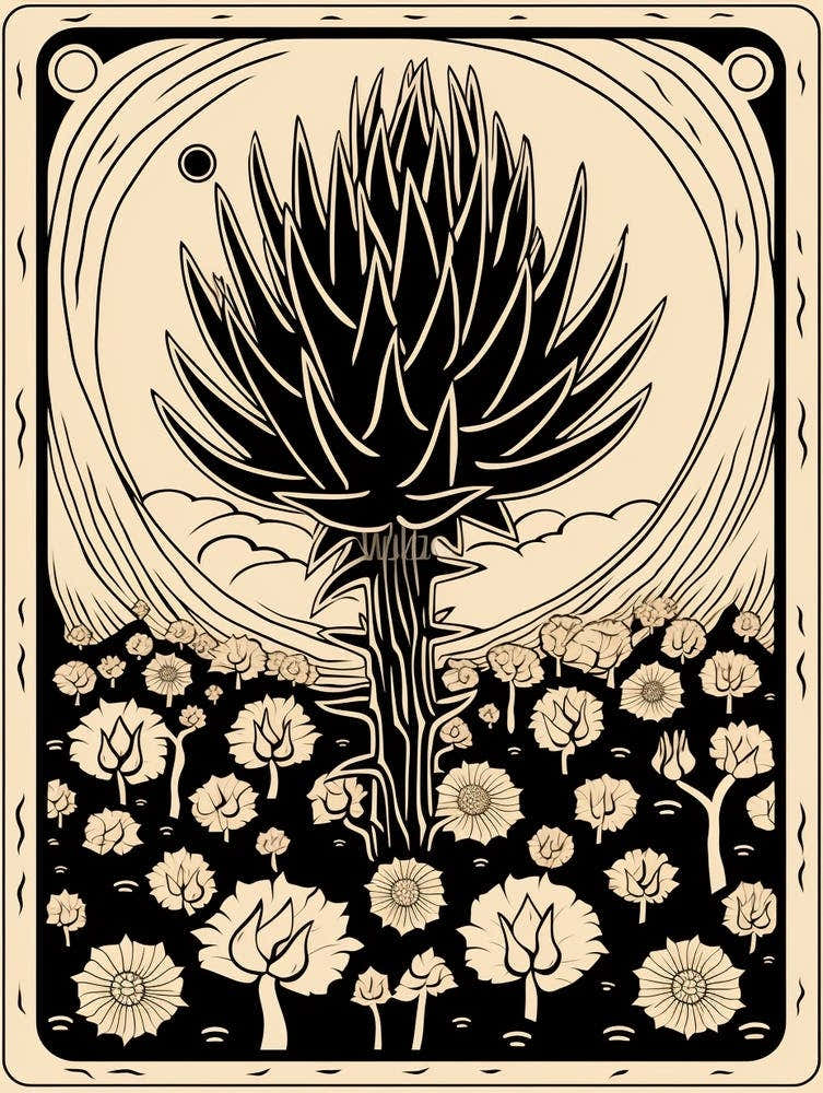 B&W Cactus Illustration Ferocactus Cactus 1