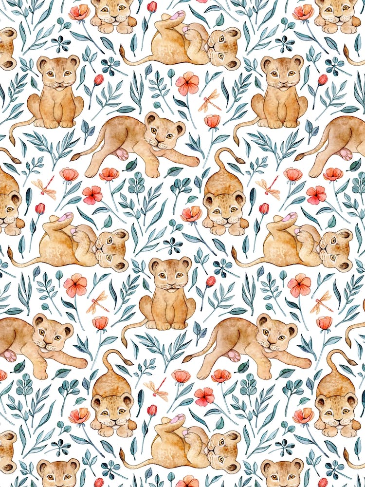 Kleine Löwenbabys und Blumen in Aquarell