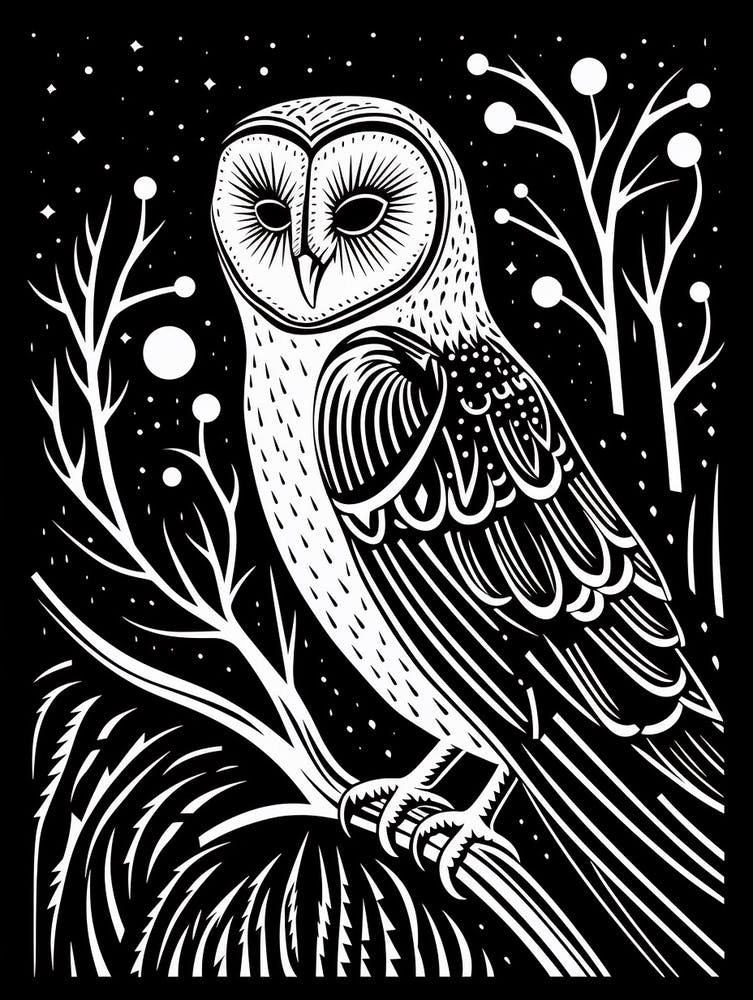 B&W Bird Linocut Barn Owl 4