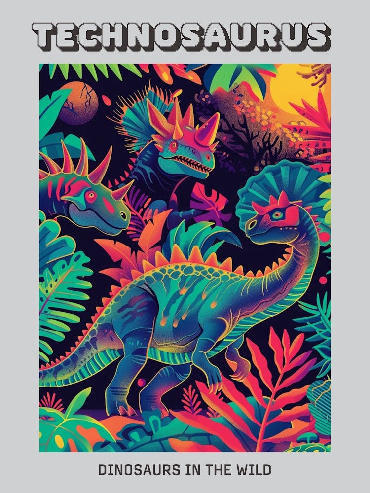 Abstract Neon Dinosaurs In Jurassic Landscape 2 Poster