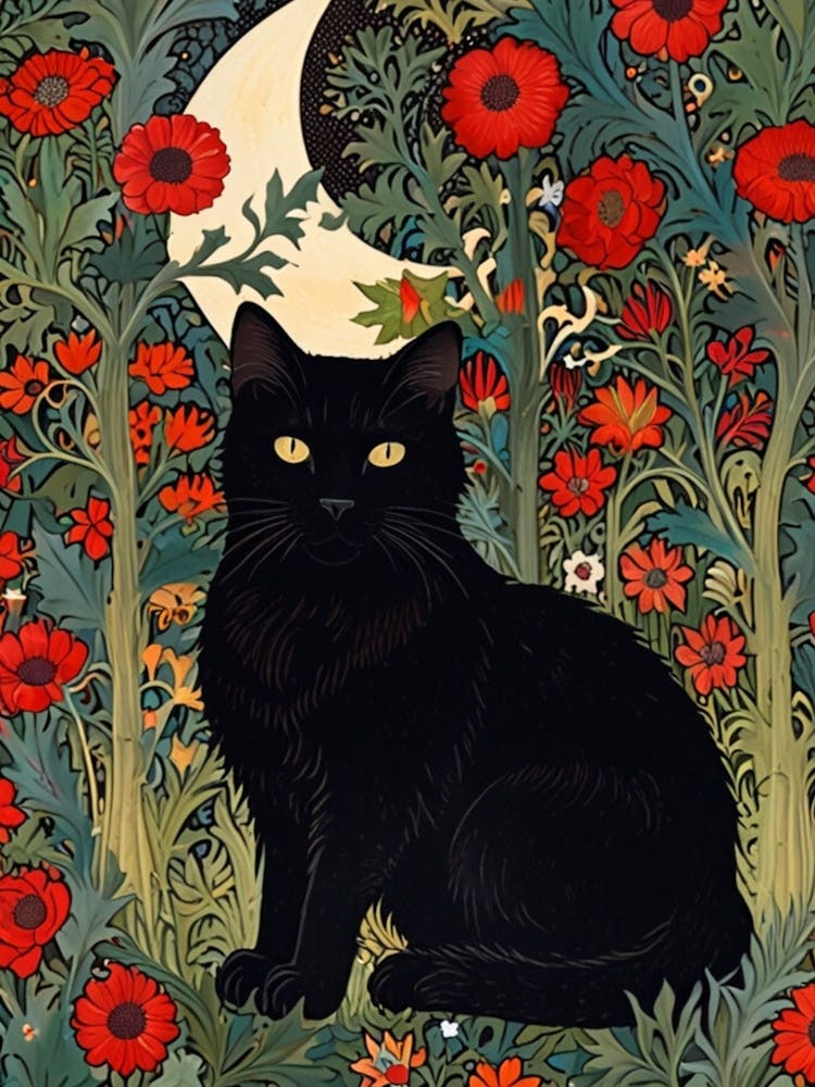 William Morris Black Cat In Red Flowers