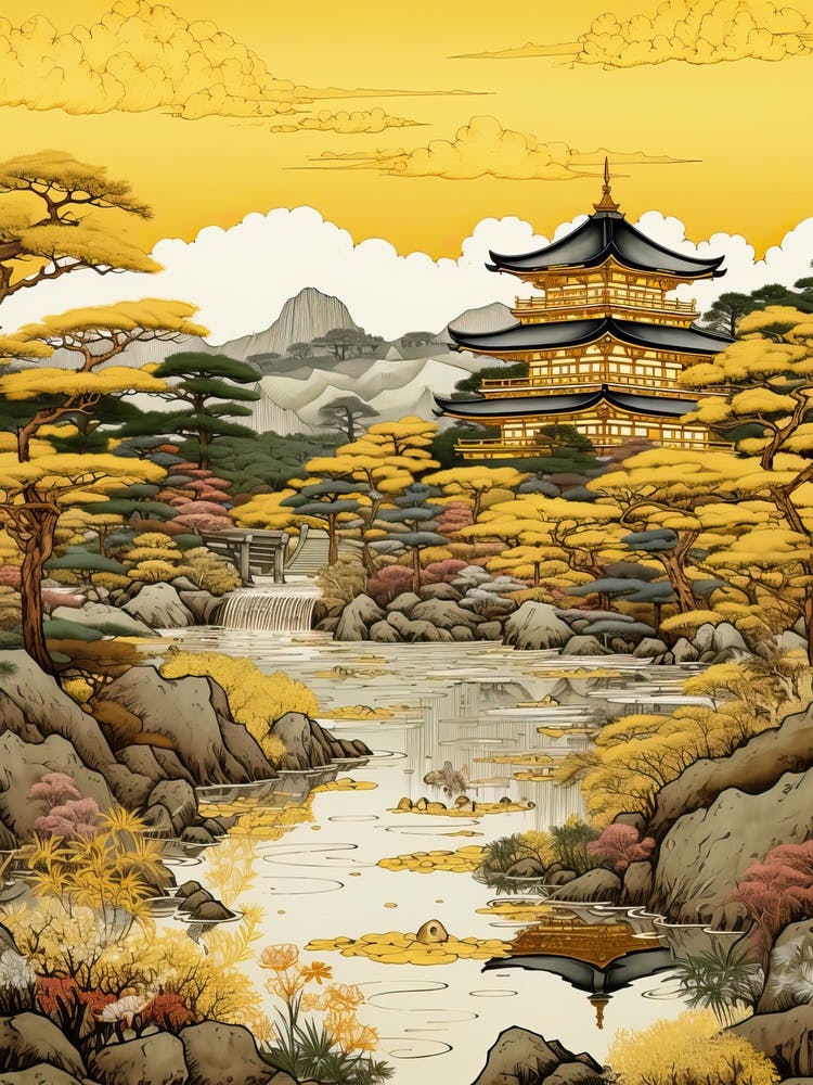 Kinkaku Ji (Golden Pavilion) In Kyoto, Ukiyo E Drawing 1