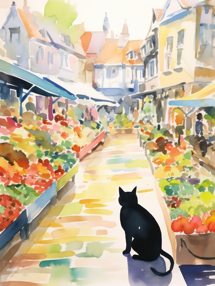 Food Market With Cats In Cambridge 1 Watercolour