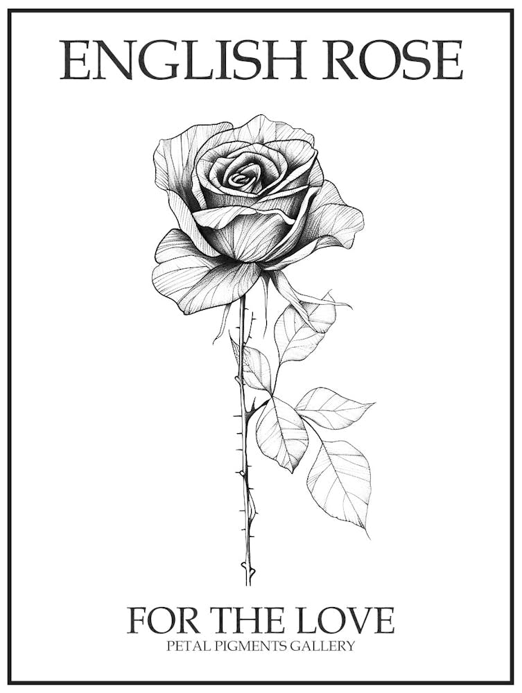 English Rose Black And White Line Drawing 17 Poster