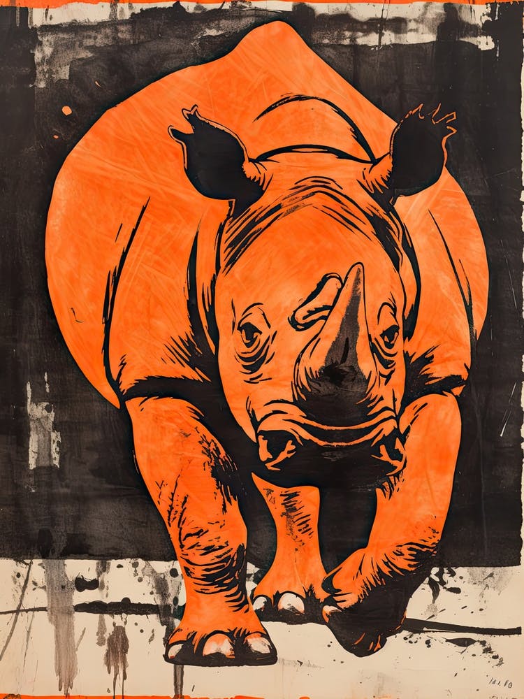 Rhino, Woodblock Animal  Drawing 1