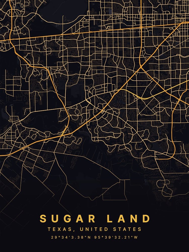 Sugar Land Texas USA Black And Gold Map