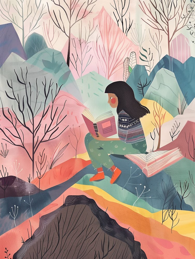 Illustration Eines Mädchens, Das Im Wald Liest