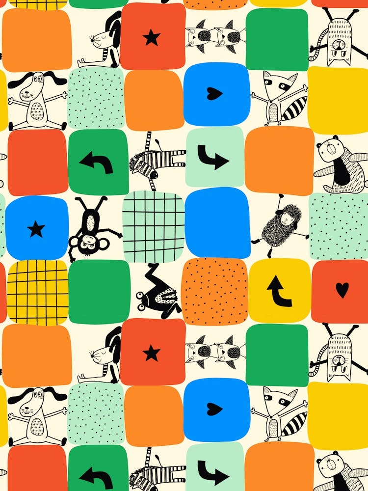 Animals Love To Play Kids Color Block Colorful Doodle Grid