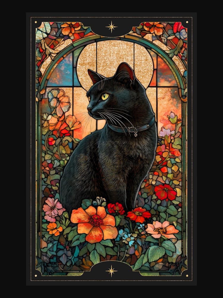 Alphonse Mucha-inspired black cat and ornate florals with gold accents in a dark cottagecore aesthetic with stained glass effect, Art Nouveau style witchy artwork perfect for libraries, vintage-themed rooms, moody interior 5