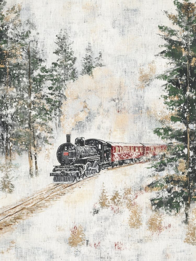 Train in the Winter Forest. Vintage Oil Painting