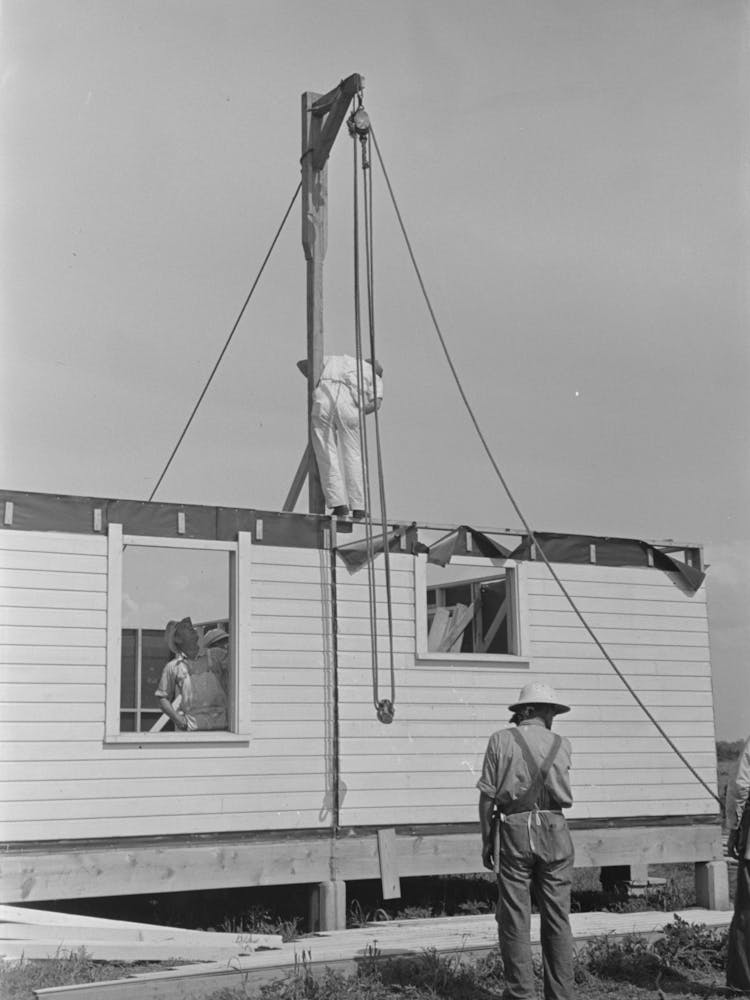 Southeast Missouri Farms Project, House Erection, Gin Pole Is Raised And Braced For The Erection Of Gable End B