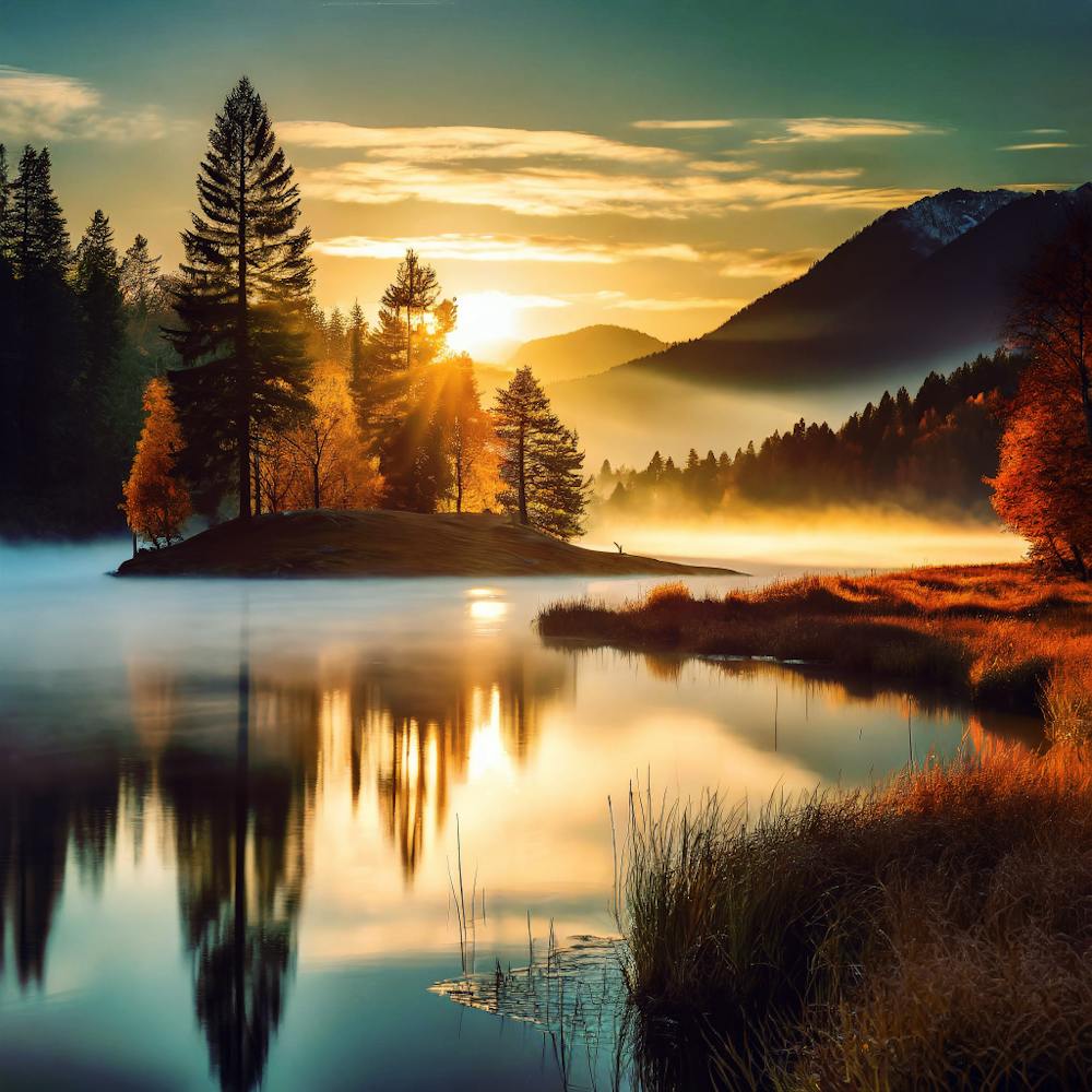 The Sun Setting Over Misty Lake With Gold Grass And Trees In Autumn