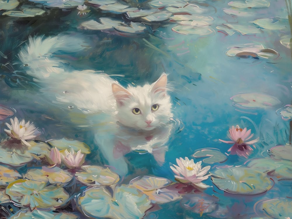 White Cat In A Pond