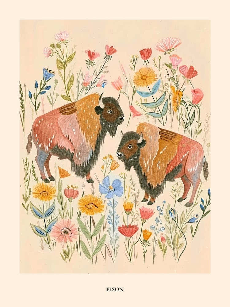 Folksy Floral Animal Drawing Bison Poster