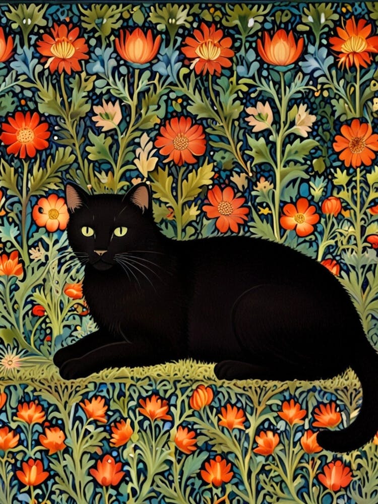 William Morris Black Cat In Flowers 8