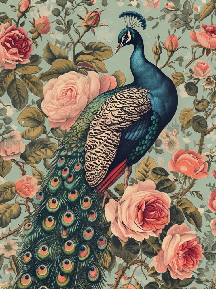 Floral Pink Roses Peacock 1