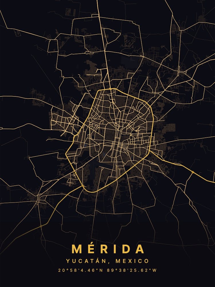 Merida Yucatan Mexico Black And Gold Map