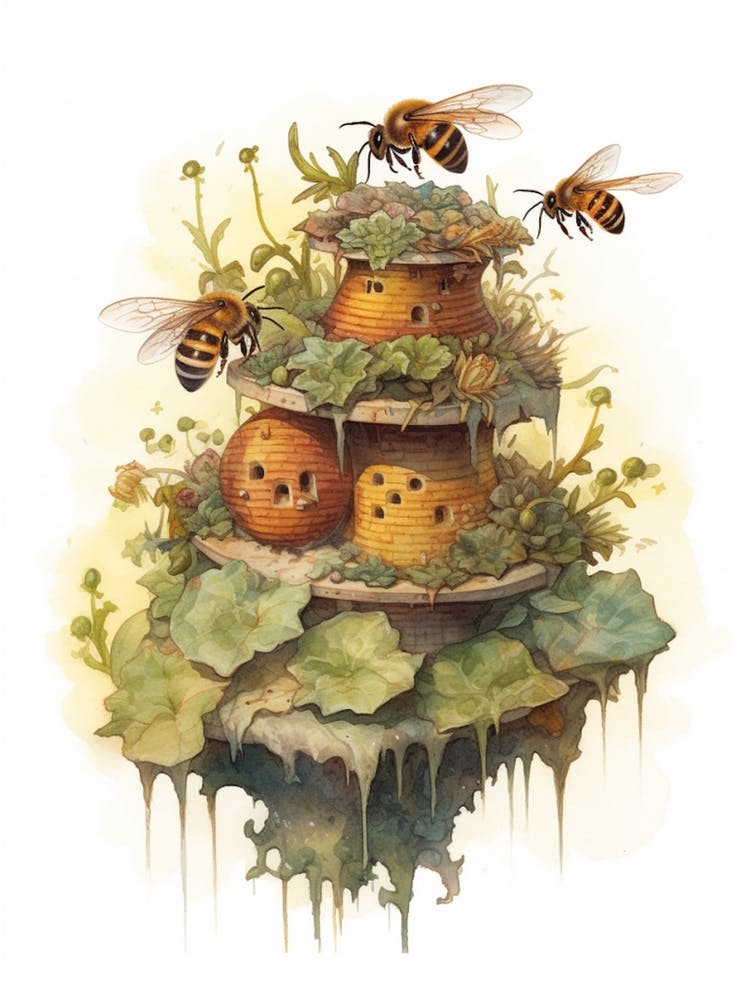 Hive Bee Beehive Watercolour Illustration 1