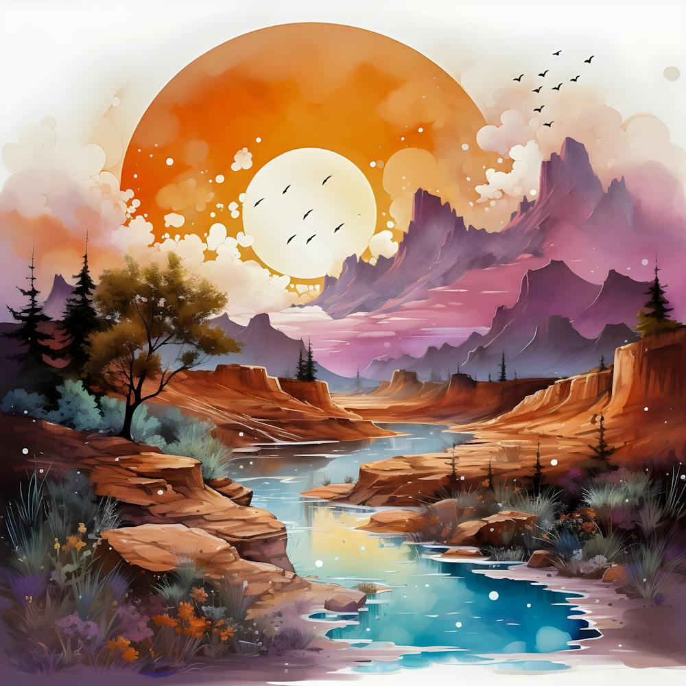 Enchanting Sunset Landscape Art: Vibrant Digital Painting of a Serene River and Mountains