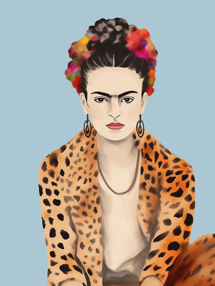 Frida Kahlo Leopard Print, Hellblau, Minimalistic Kreativ Art