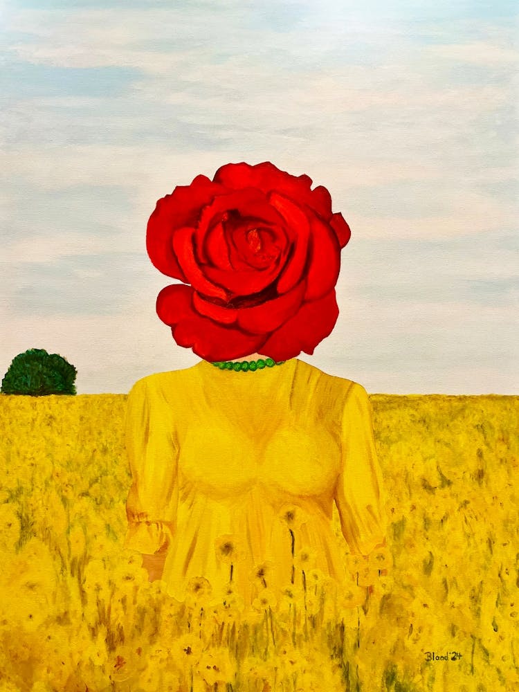 Surreal woman with Red Rose head in field of flowers