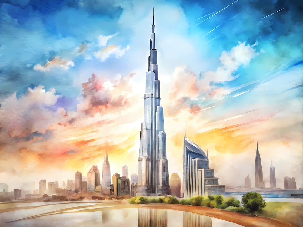 Dubai Uae A Vintage Illustration Of The Burj Kh
