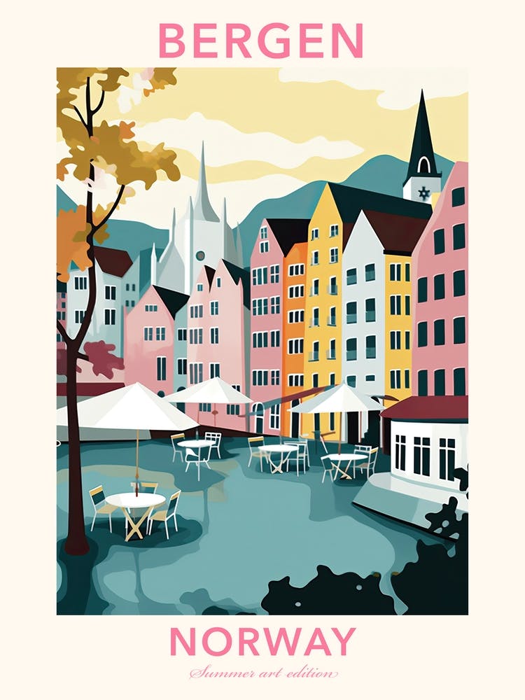 Bergen, Norway, Flat Pastels Tones Illustration 2 Poster