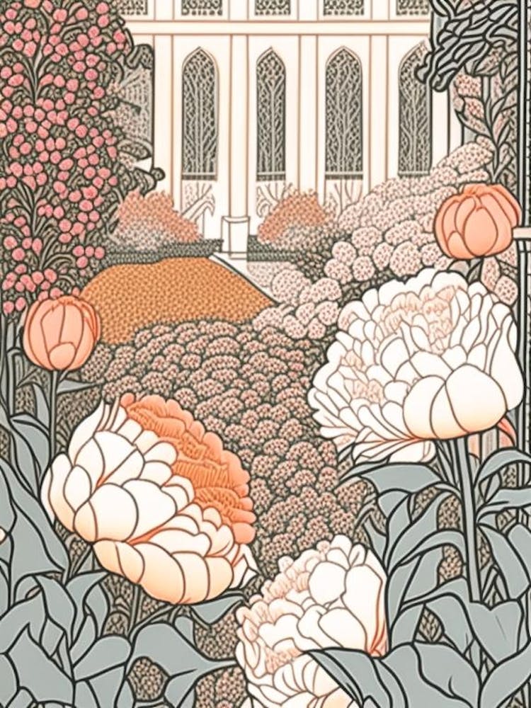 Courtyard With Peonies Orange And Pink 2 Drawing