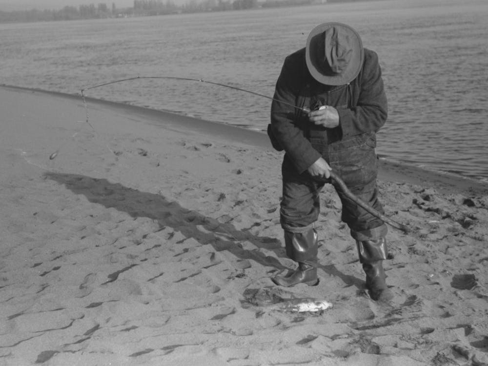 Fisherman On Banks Of Columbia River, Cowlitz County, Washington By Russell Lee 1
