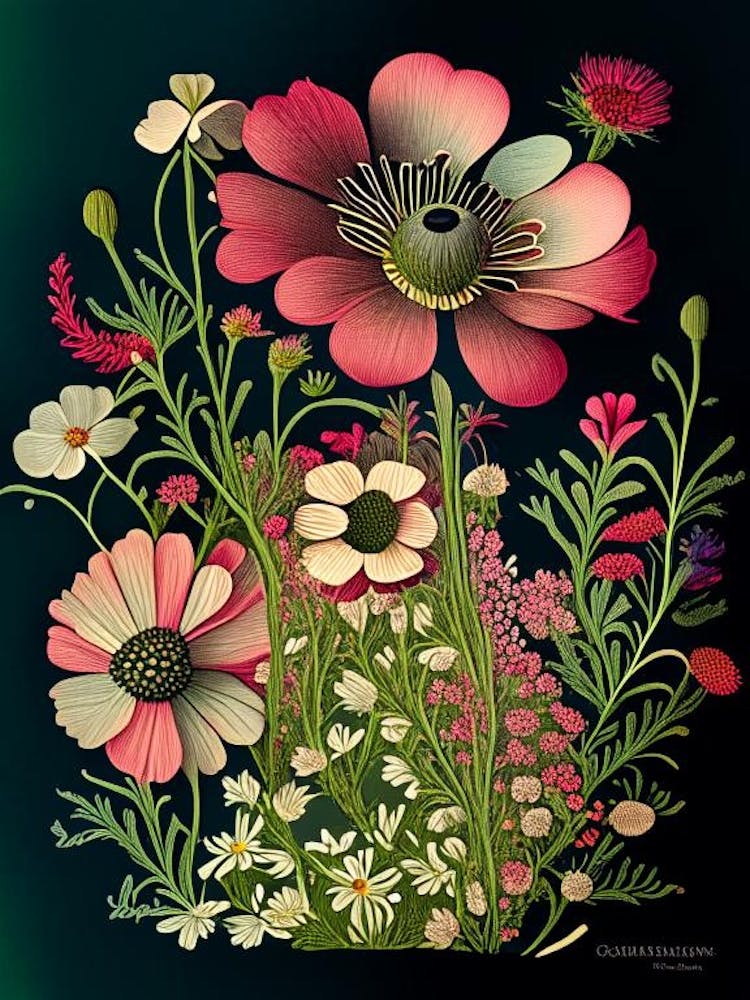 Cosmos 2 Floral Botanical Vintage Poster Flower
