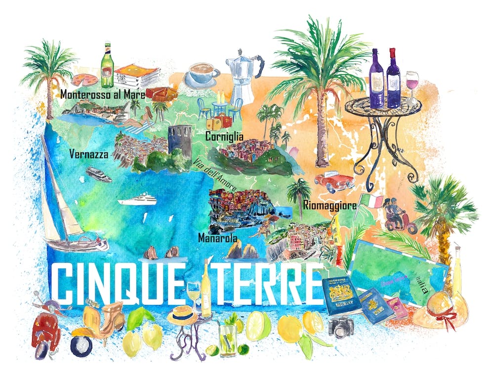 Cinque Terre Illustrated Travel Map With Roads And Highlights