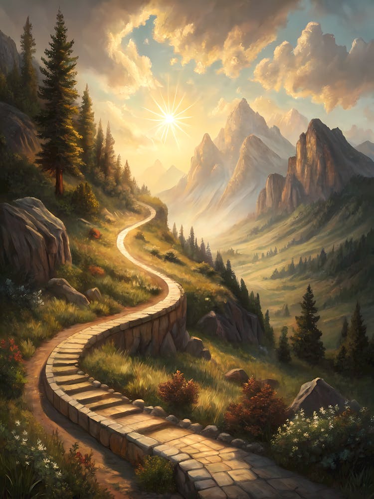 A Captivating Photograph of a Fantasy Road Oil Painting Style