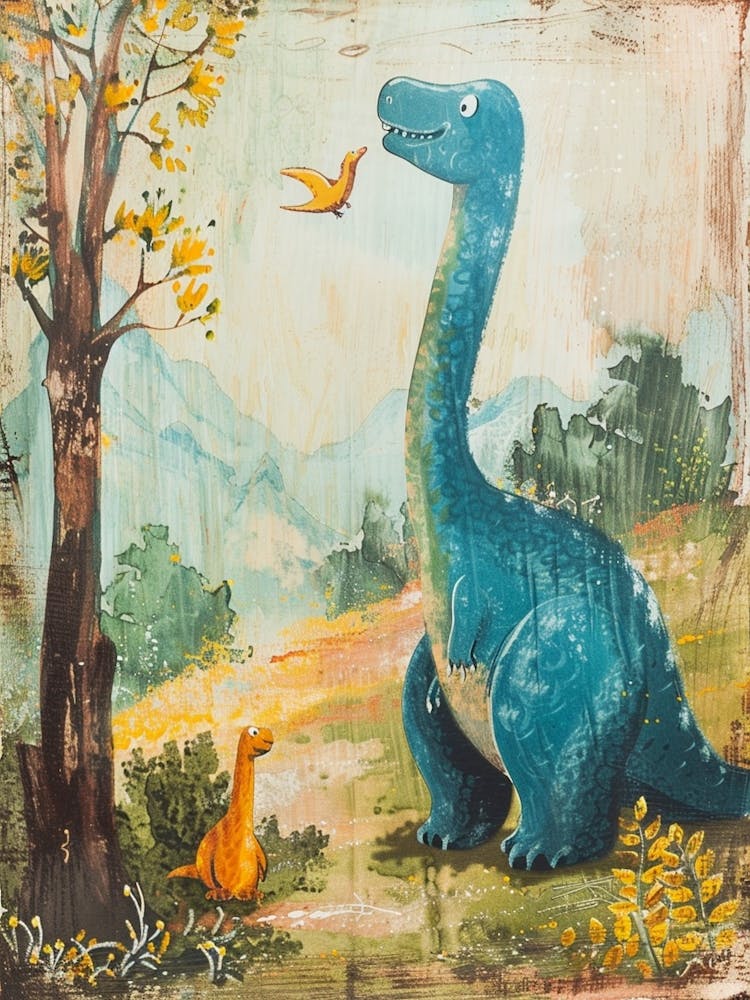 Dinosaur In The Woodland Meadow Storybook Style Painting 3