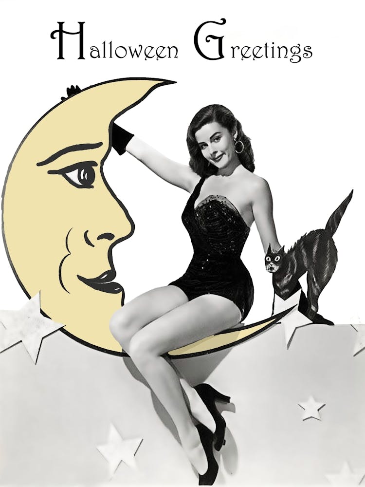 Sexy Pinup Girl Sitting On A Moon With Her Black Cat