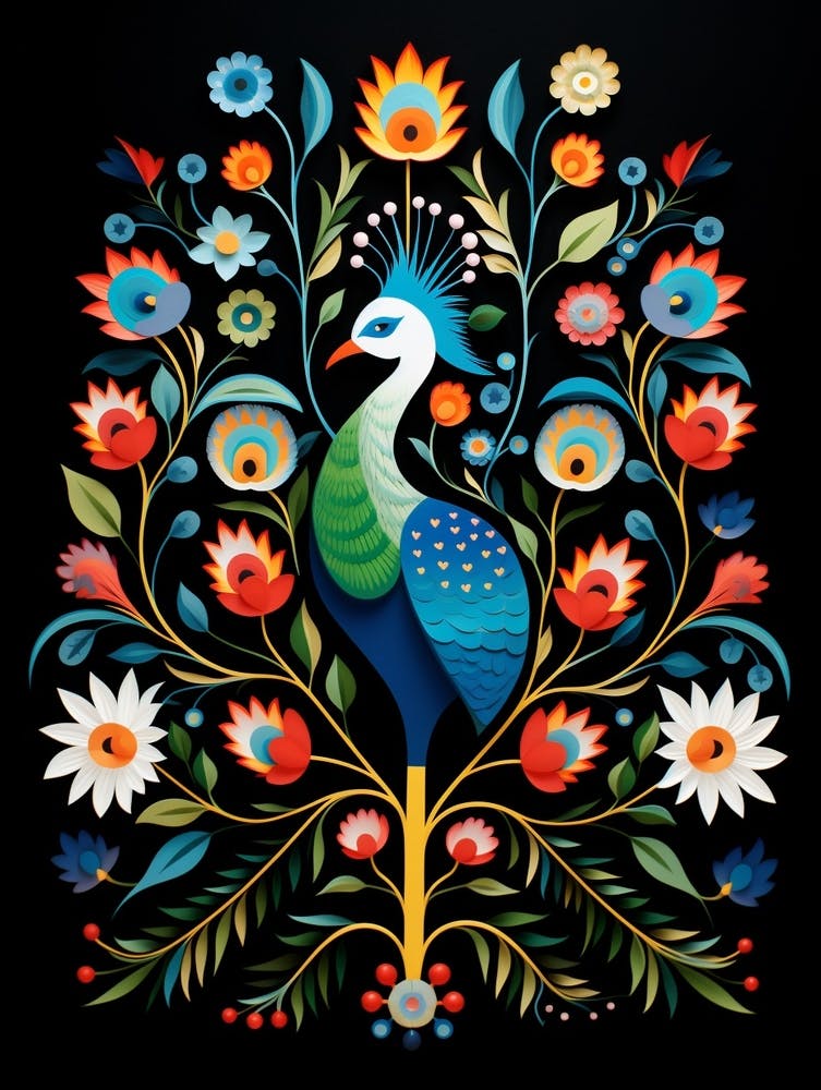 Folk Bird Illustration Peacock 1