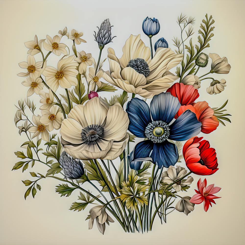 Vintage Botanical Flower Bouquet Art - Handcrafted Floral Illustration Decor
