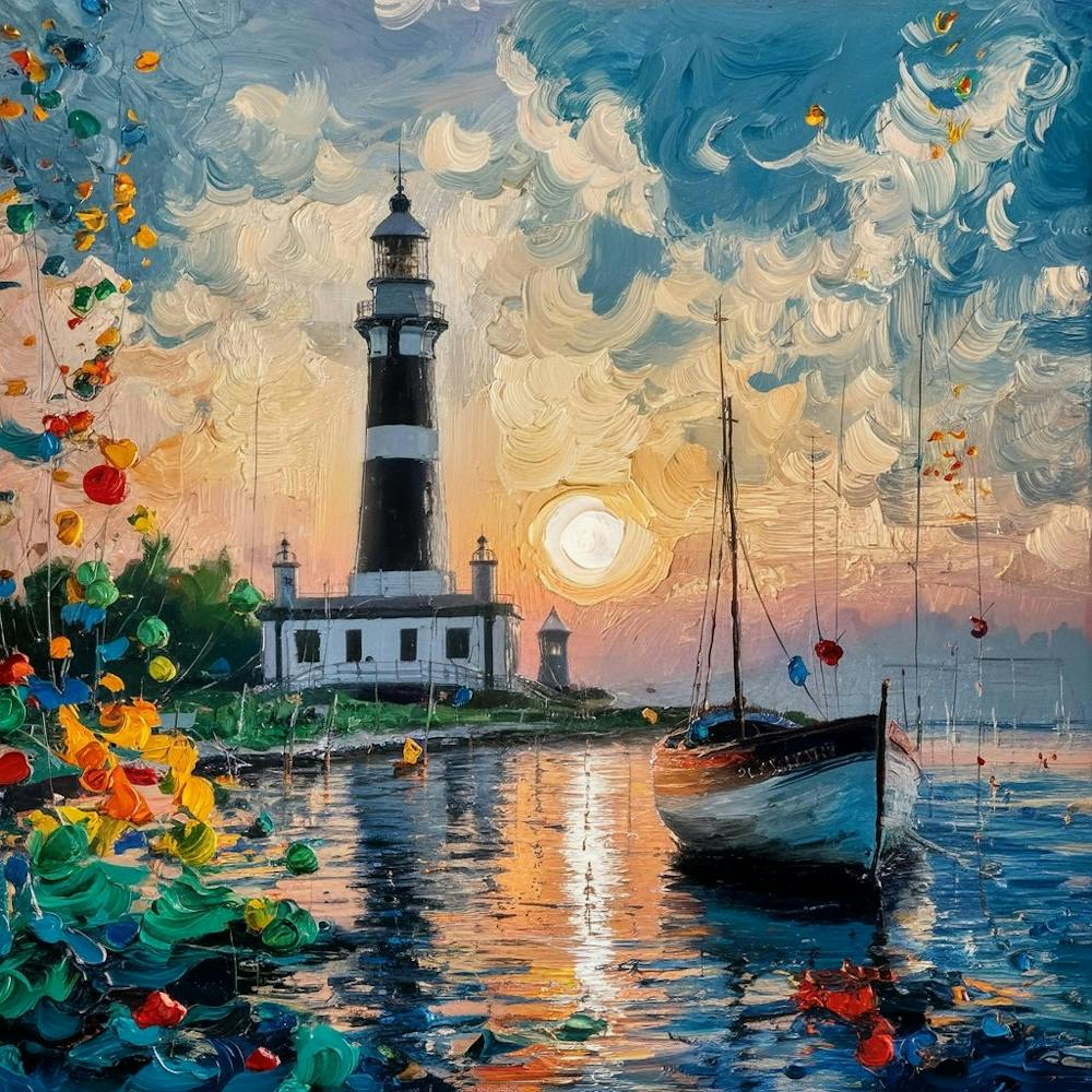 Lighthouse Sunset Art—a stunning seascape oil painting capturing a lighthouse against a vivid sunset sky, with a tranquil sailboat and vibrant shoreline flowers.
