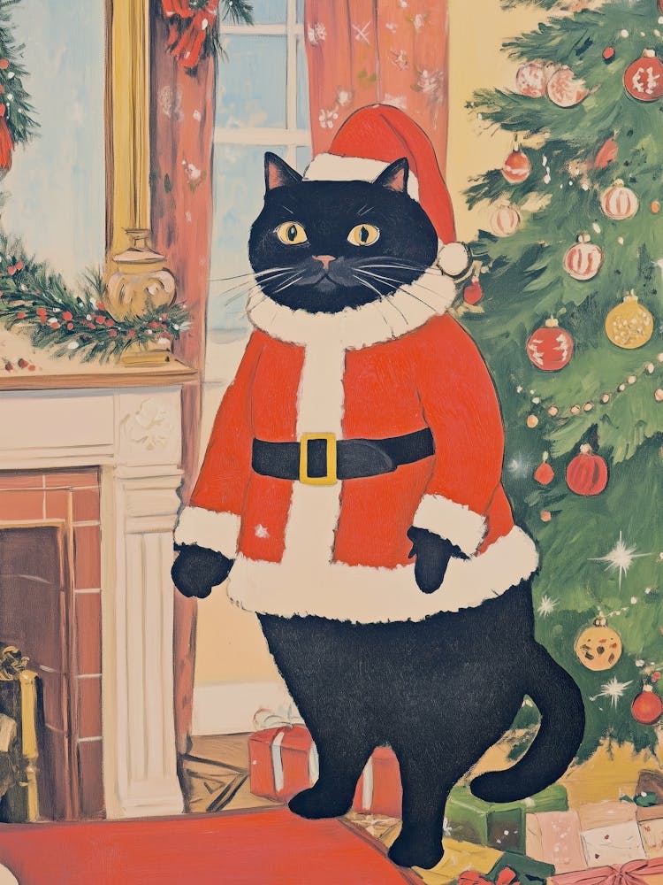 Santa Cat In Christmas Living Room