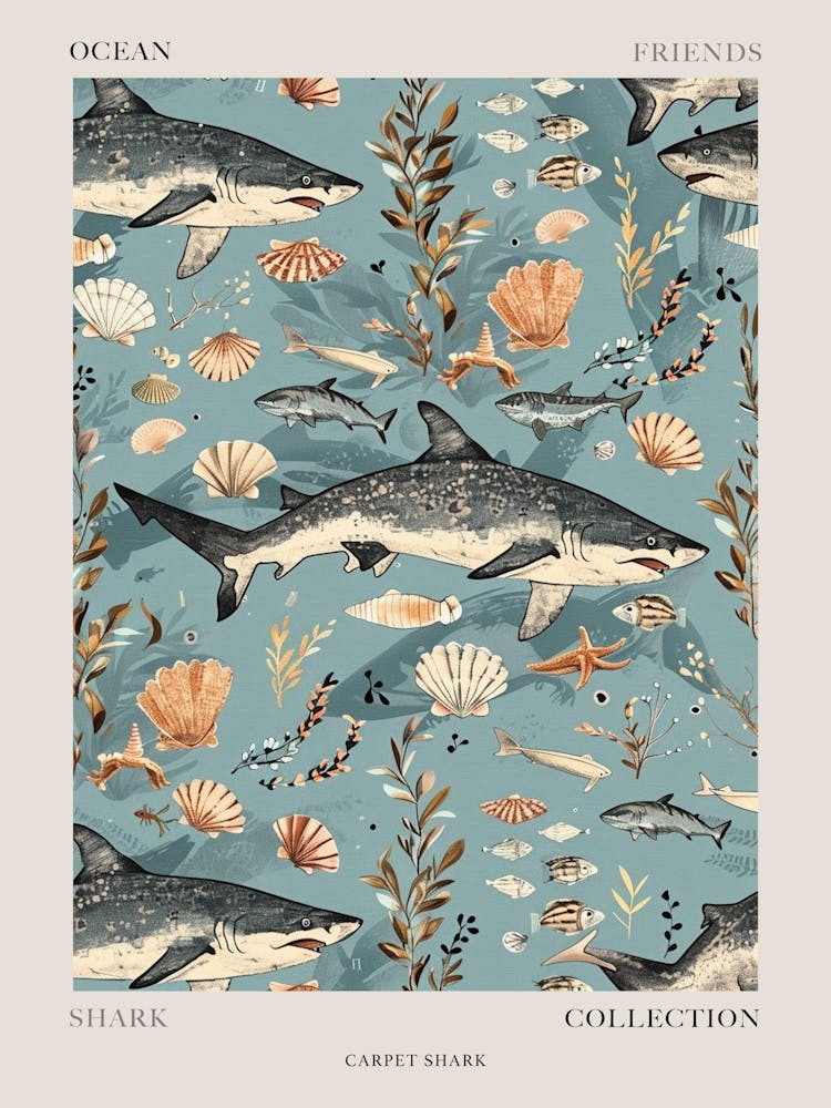 Pastel Carpet Shark Watercolour Seascape Pattern 2 Poster