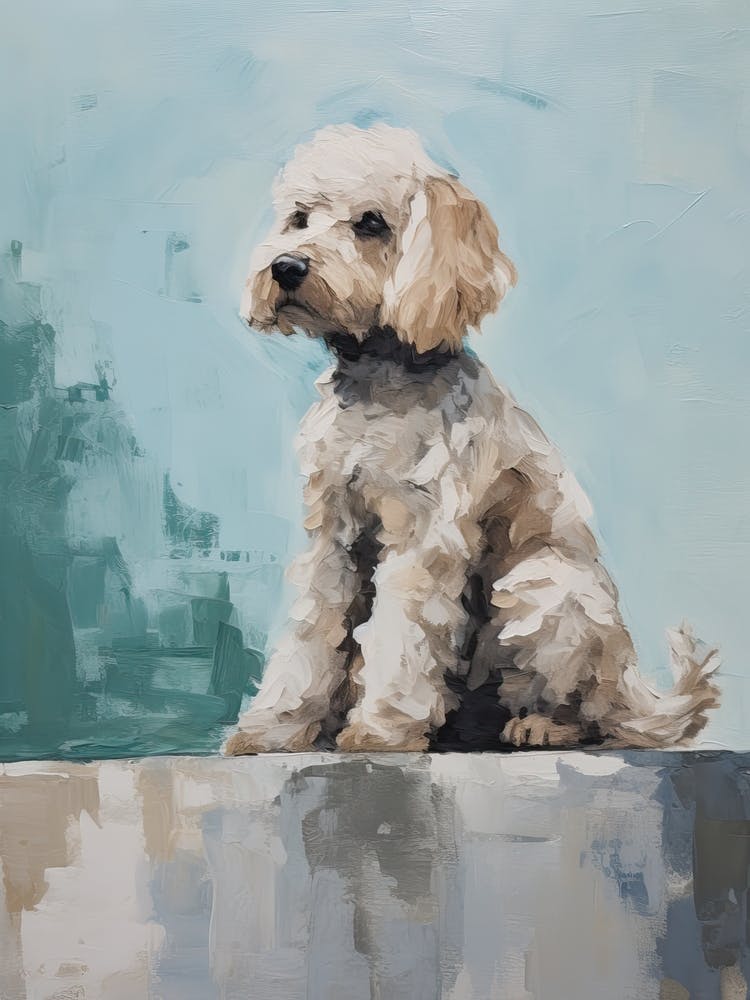 Poodle Dog, Painting In Light Teal And Brown 1